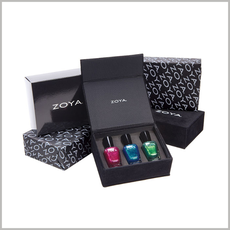 Custom Black cardboard boxes for 3 bottles of nail polish packaging